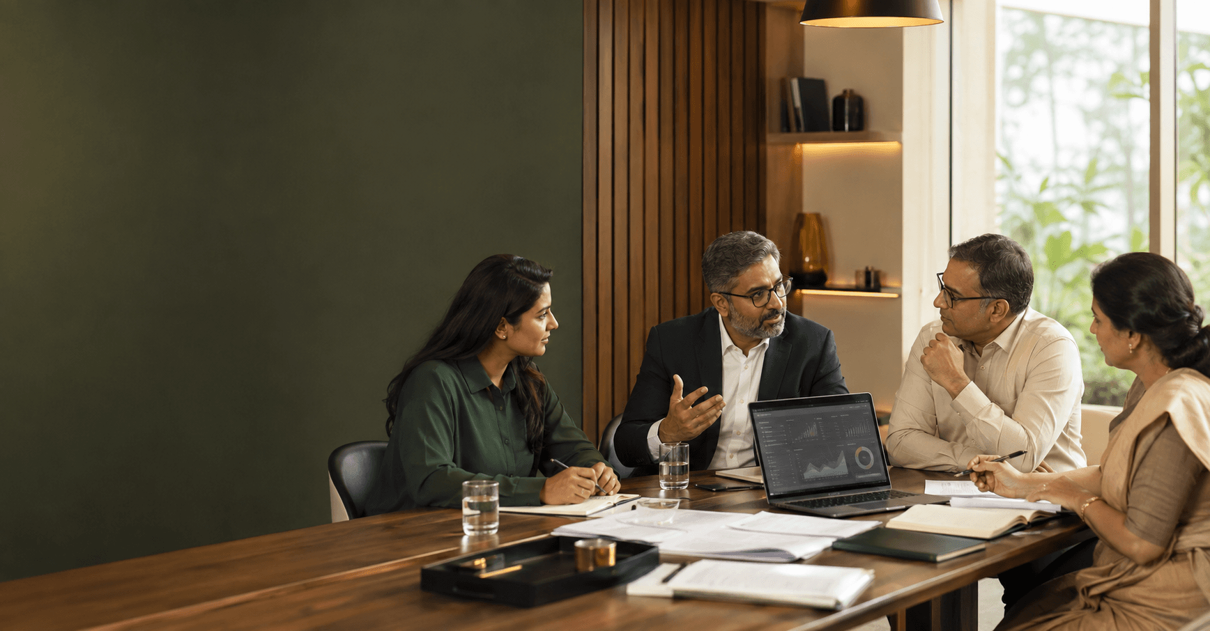 Illustrative scene of multidisciplinary advisors collaborating on a complex client challenge